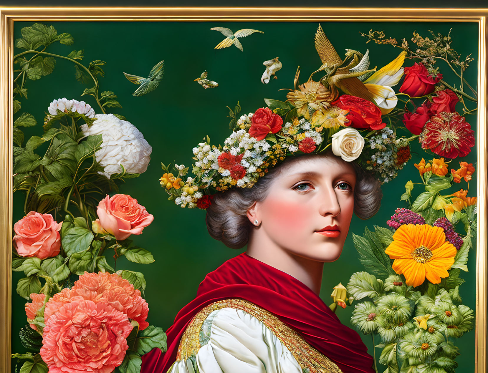 Digital artwork of woman with floral wreath, surrounded by flowers and birds on green background