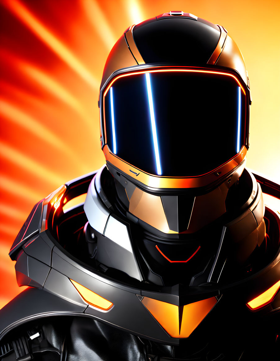 Futuristic helmet with glowing blue visor on black and orange armor