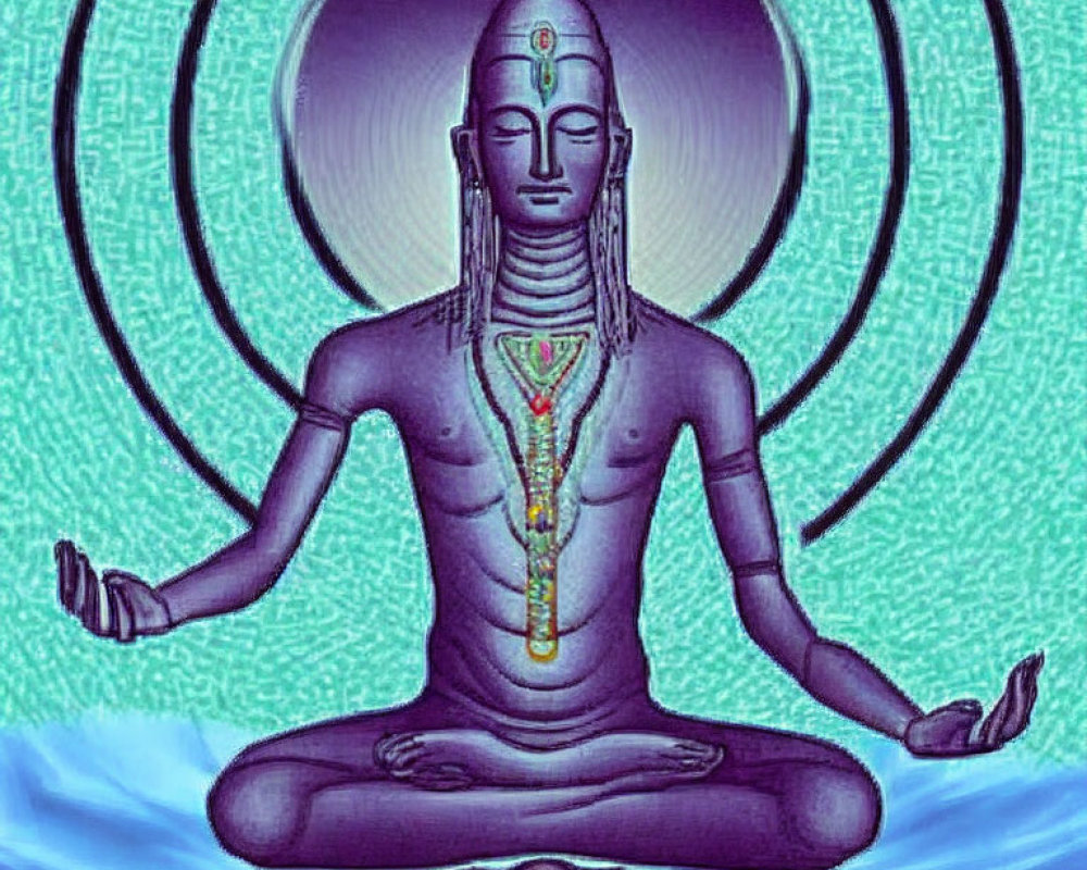 Meditating figure with multiple arms and Hindu markings in stylized illustration