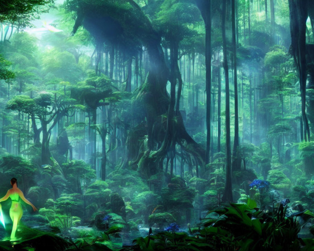 Mystical Green Forest with Towering Trees and Luminous Figure