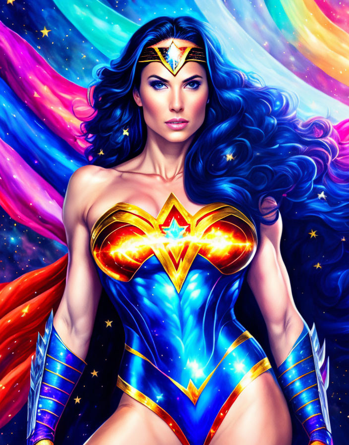 Female superhero with long wavy hair in red, blue, and gold costume on cosmic backdrop