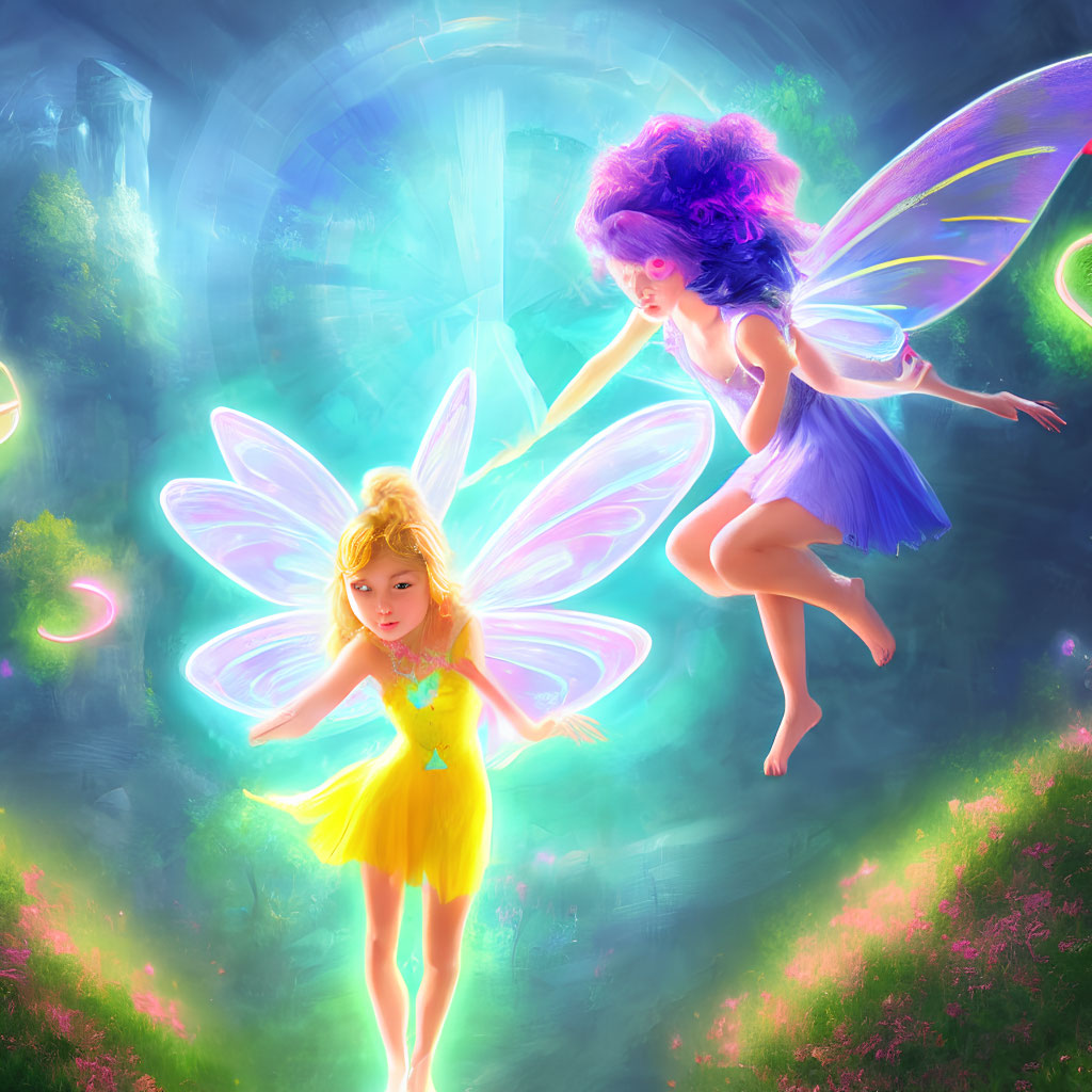 Vibrant fairies with luminous wings in magical forest