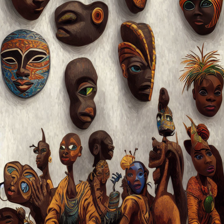 Ethnic masks and figures with intricate designs and expressive eyes on textured background