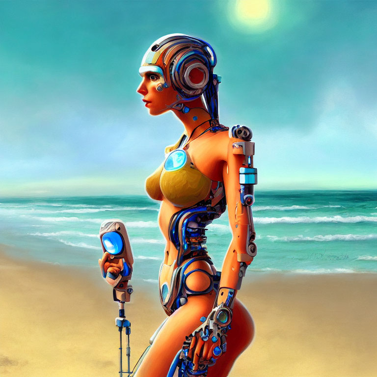 Futuristic female android with intricate mechanical details on beach holding high-tech device