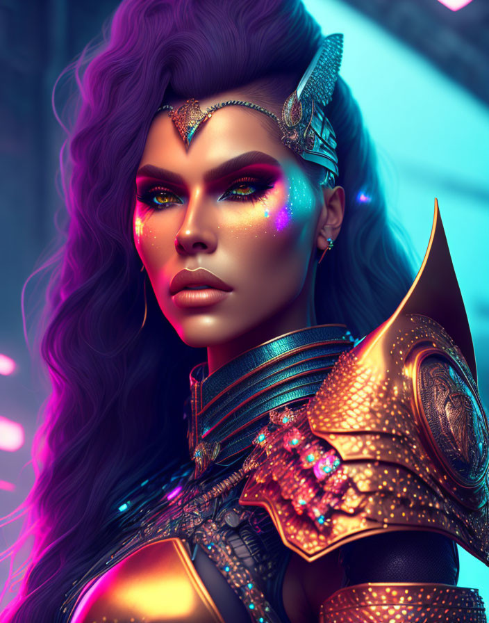 Digital artwork: Woman with purple hair, futuristic armor, and neon makeup.