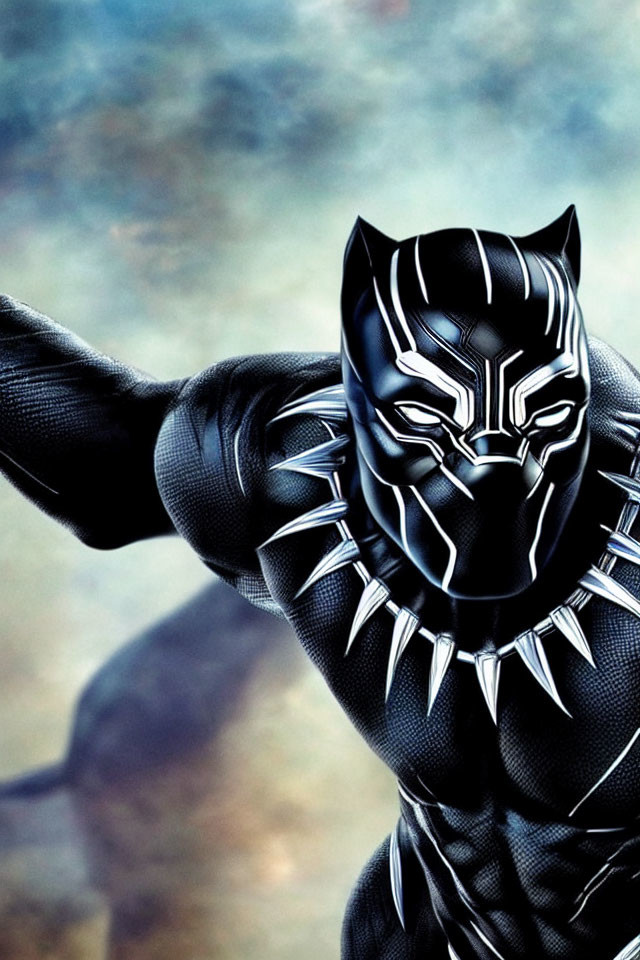 Detailed Black Panther Superhero Costume Pose Against Cloudy Sky