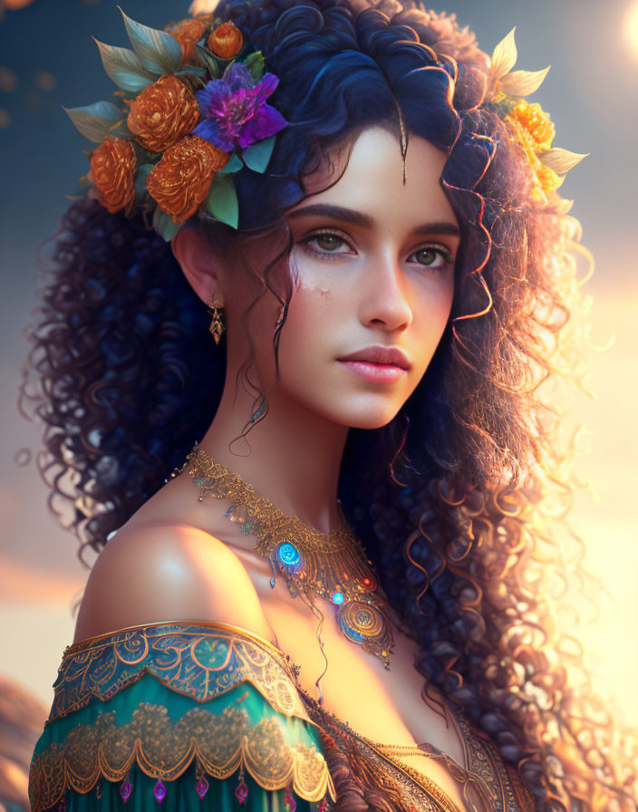 Illustrated woman with floral headwear, blue eyes, curly hair, and golden jewelry on warm backdrop