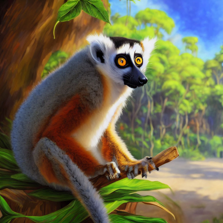 Colorful Ring-Tailed Lemur in Jungle Setting with Yellow Eyes