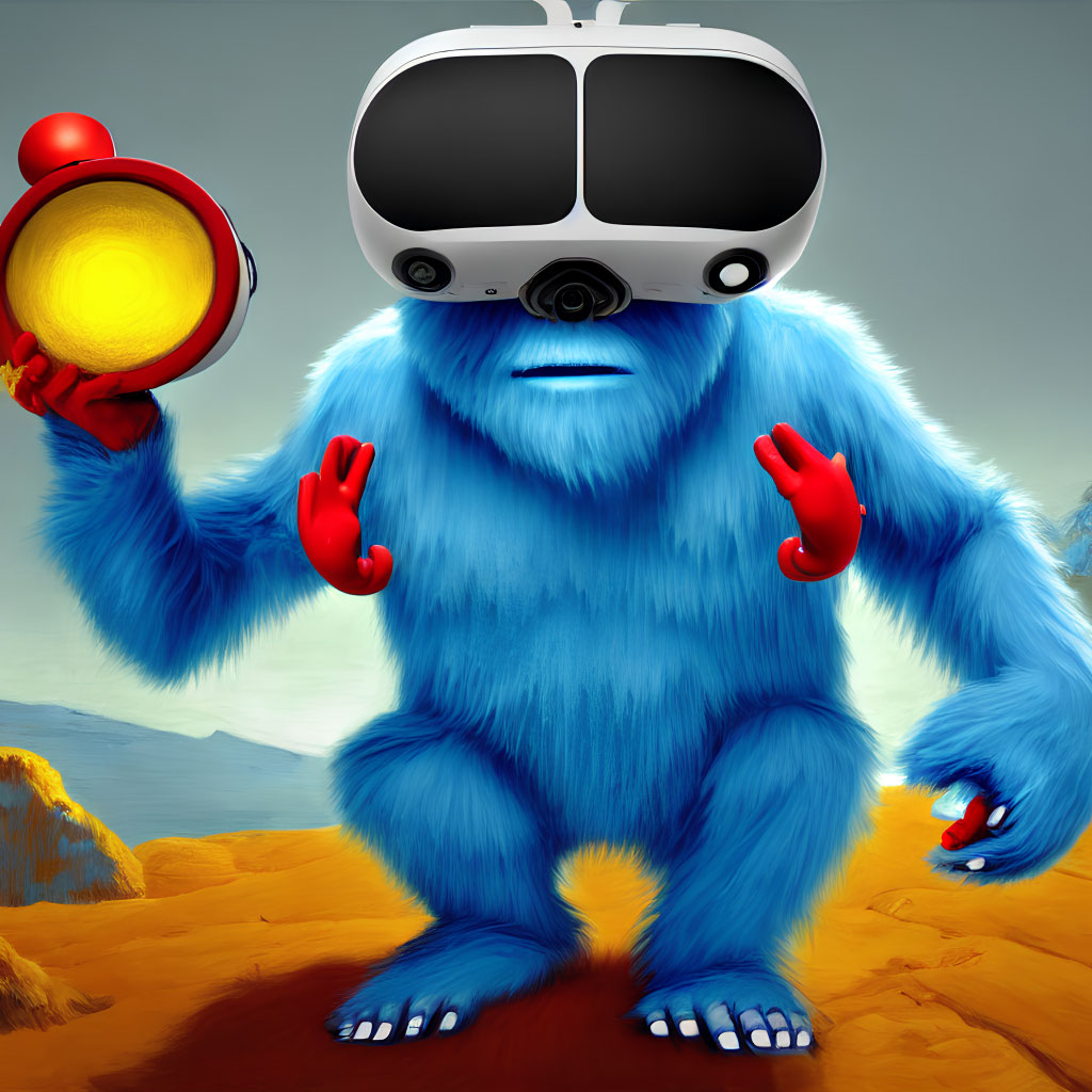 Blue furry creature with VR goggles on orange landscape holding device