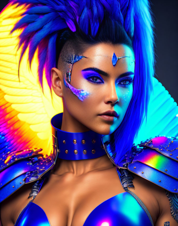 Vibrant blue and yellow feather accessories with intense blue makeup and metallic outfit