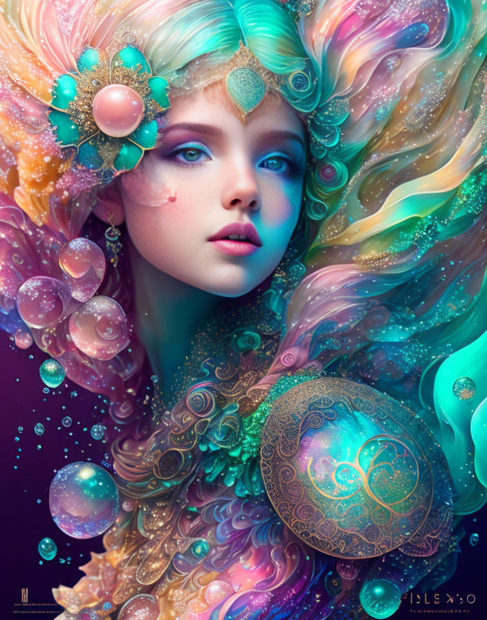 Colorful Digital Artwork: Fantastical Female Figure with Elaborate Hair & Jewelry