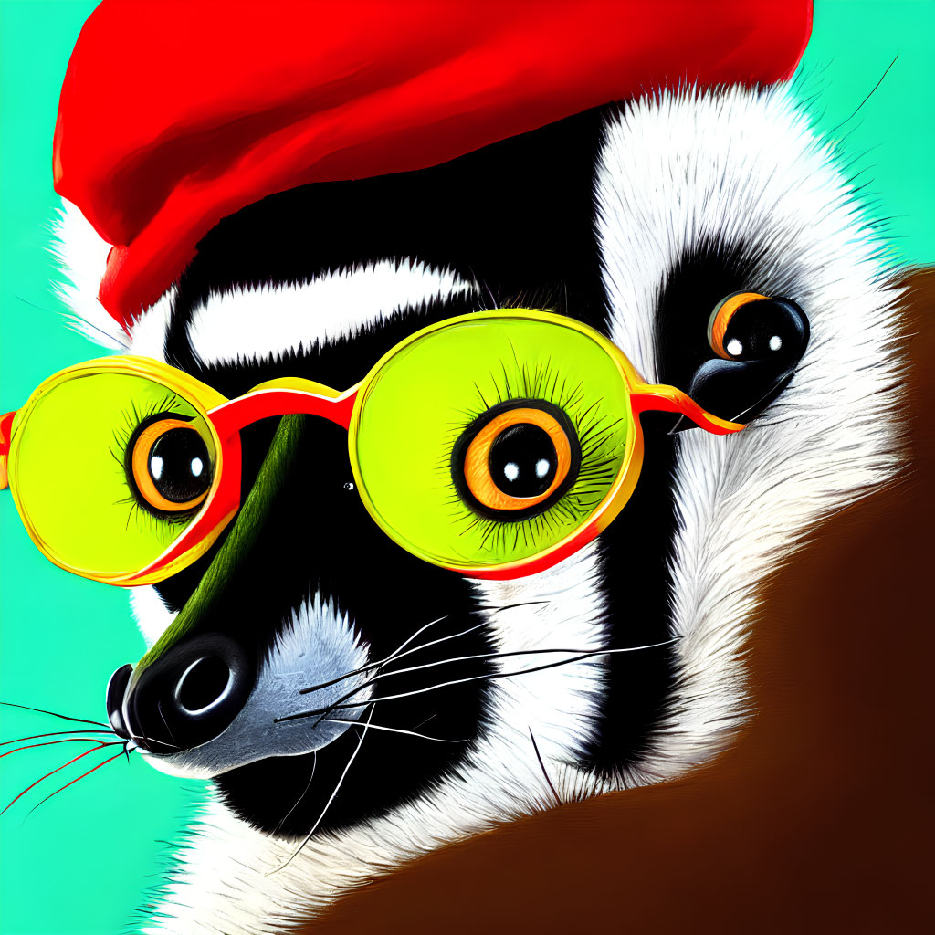 Colorful Lemur Illustration with Yellow-Green Glasses and Red Beret on Turquoise Background