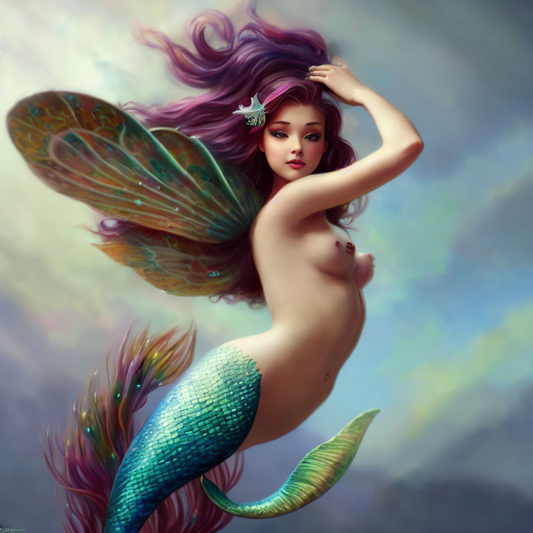 Digital artwork: Mythical creature with woman's upper body, iridescent wings, colorful mermaid