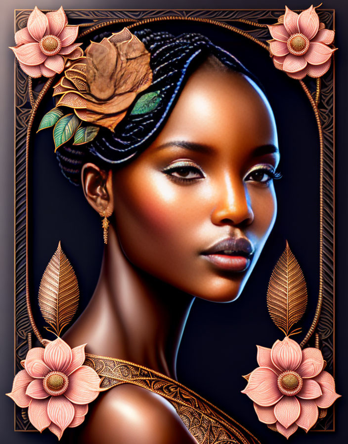 Digital portrait of woman with dark skin wearing gold jewelry and head wrap, surrounded by stylized flowers and