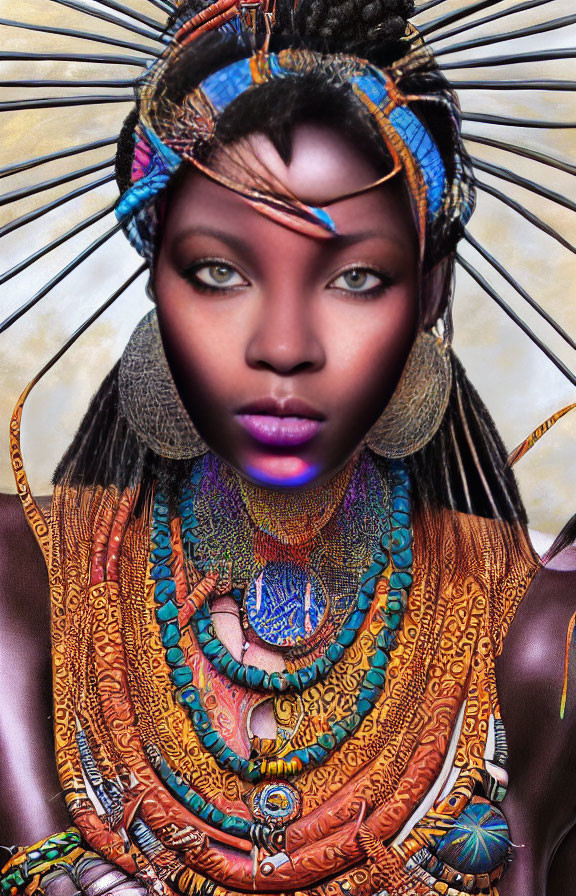 Detailed tribal jewelry and headdress on woman in vibrant digital artwork