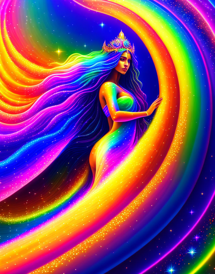 Colorful woman with rainbow hair and crown in cosmic setting