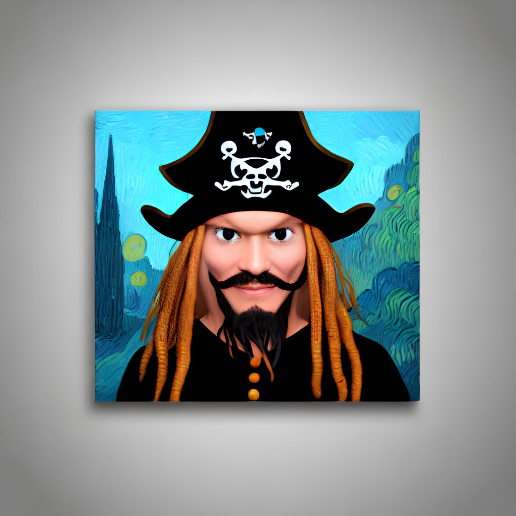 Cartoon pirate with hat, dreadlocks, and beard on abstract blue canvas