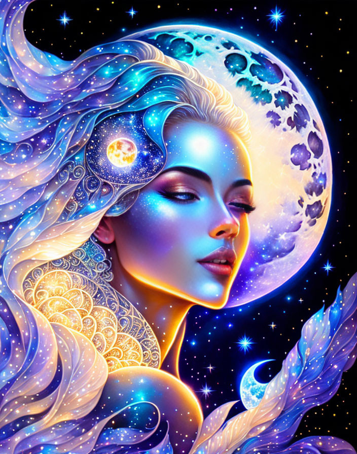 Stylized illustration of woman with cosmic hair and moon, stars, planets