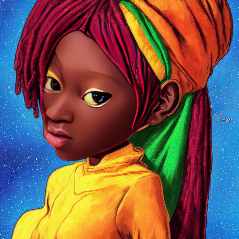 Digital artwork of girl with red hair in wrap, yellow eyes, yellow top, green and orange head