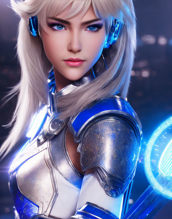 Female character with blue eyes, silver hair, futuristic armor, and headphones in blue and white.