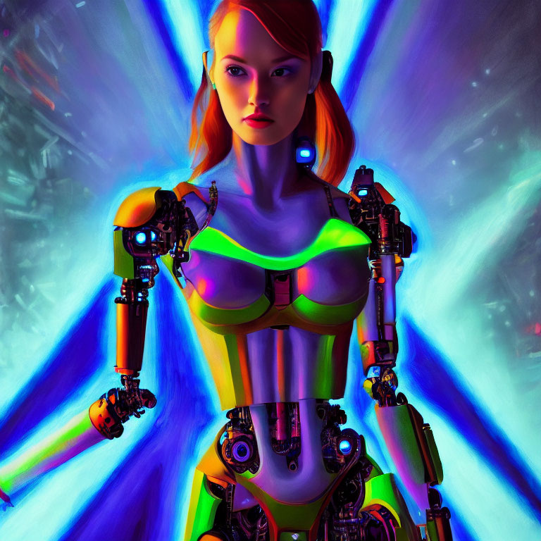 Female android digital artwork with vibrant colors and exposed mechanical arms