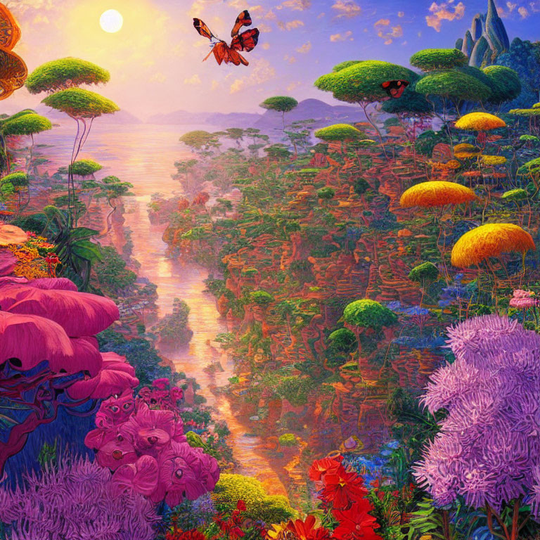 Fantastical landscape with mushroom trees, colorful flora, setting sun, butterflies above misty canyon