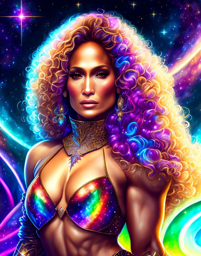 Colorful portrait of person with voluminous curly hair, cosmic makeup, galaxy bikini, starry space