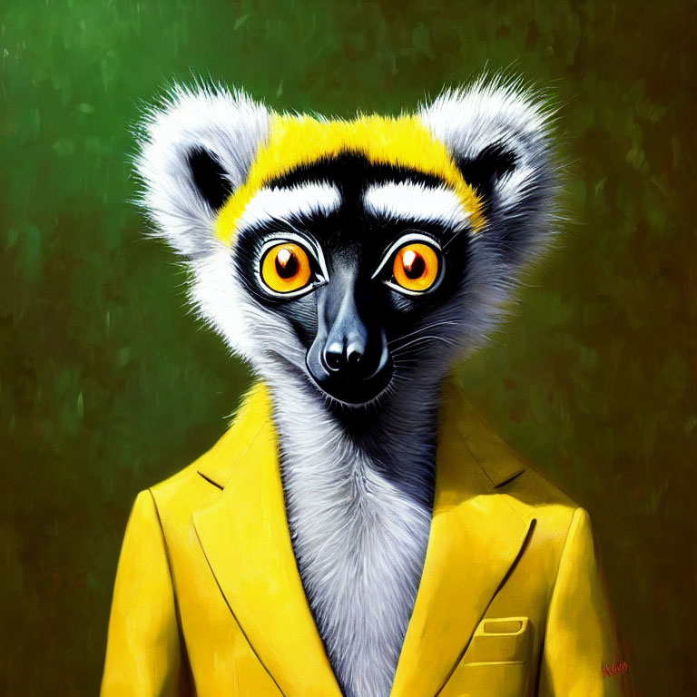 Stylized painting of lemur in yellow suit with intense orange eyes