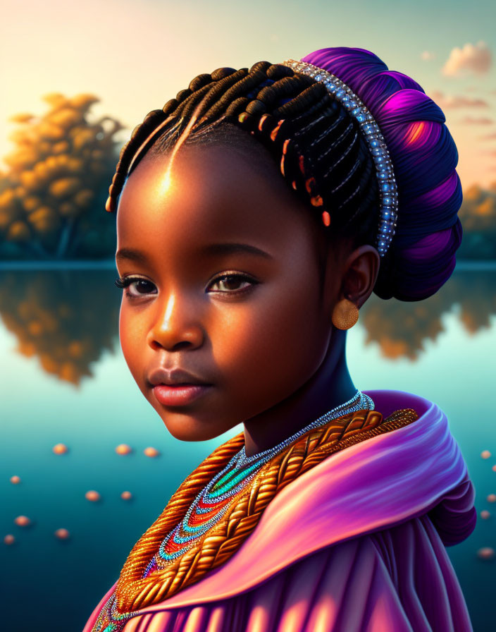 Young girl with elaborate braids and purple hair accessory by serene lake at sunset