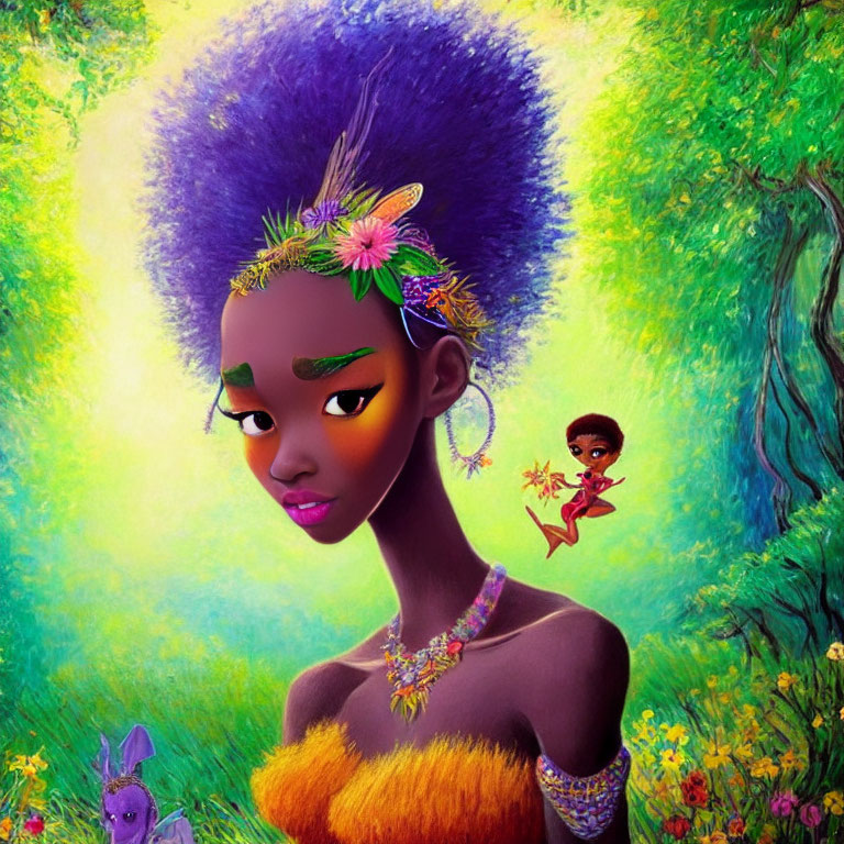 Illustration of woman with purple afro, fairy, bunny in vibrant forest