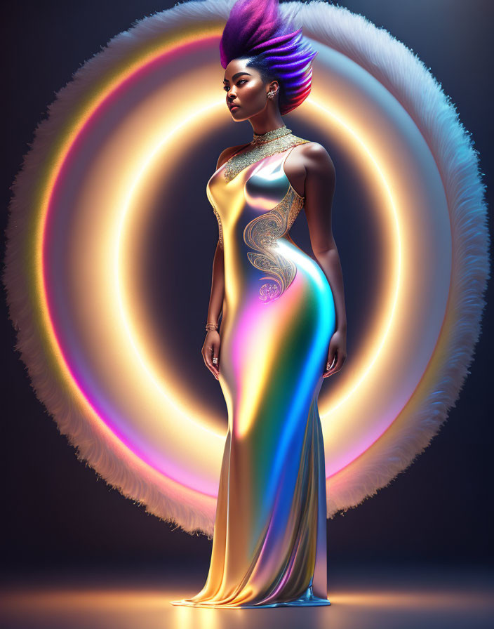 Digital Art: Woman in Iridescent Dress with Mohawk Hairstyle