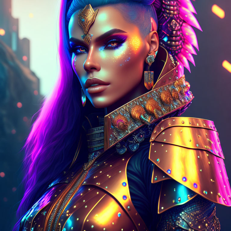 Vibrant purple-haired female warrior in golden armor with glowing cityscape