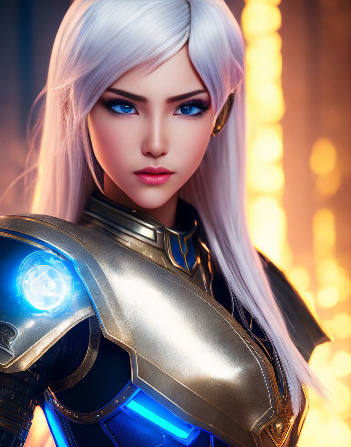 Female character with blue eyes, silver hair, and futuristic armor.