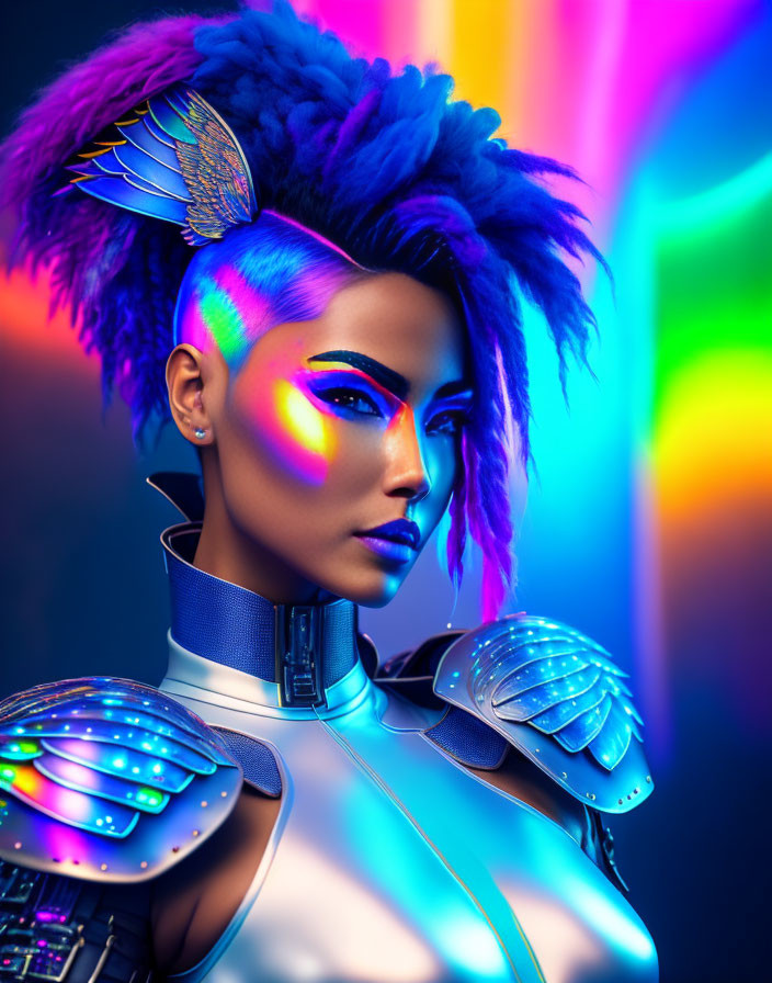 Blue-skinned woman in cybernetic armor with mohawk on neon backdrop