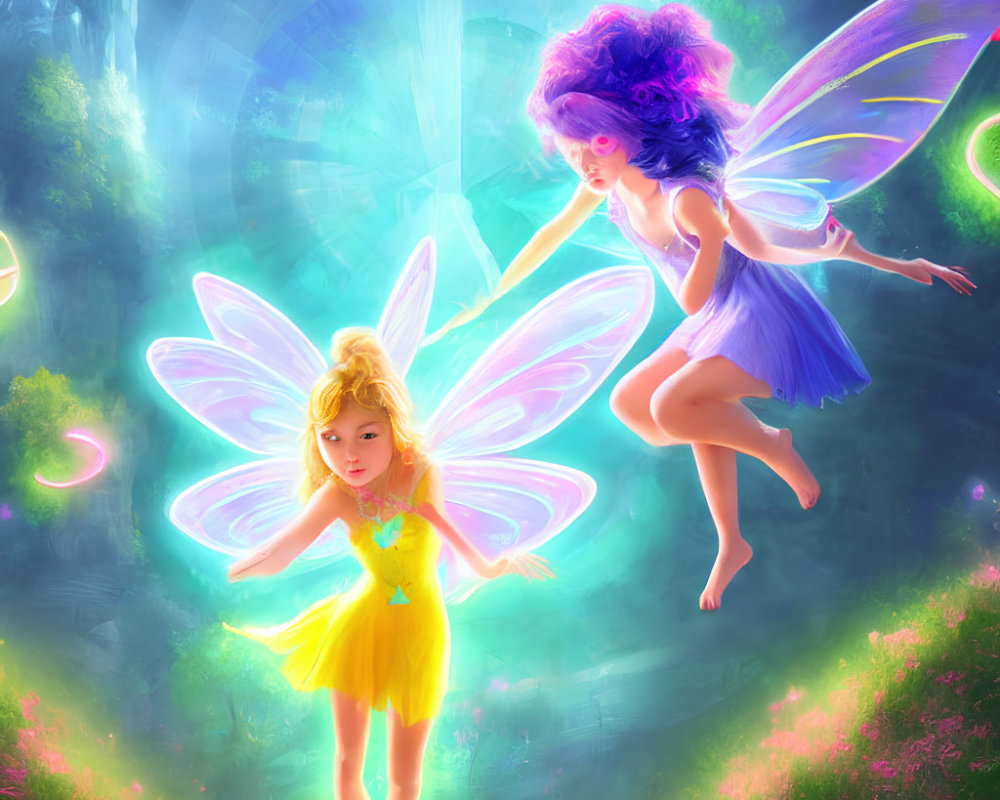 Vibrant fairies with luminous wings in magical forest