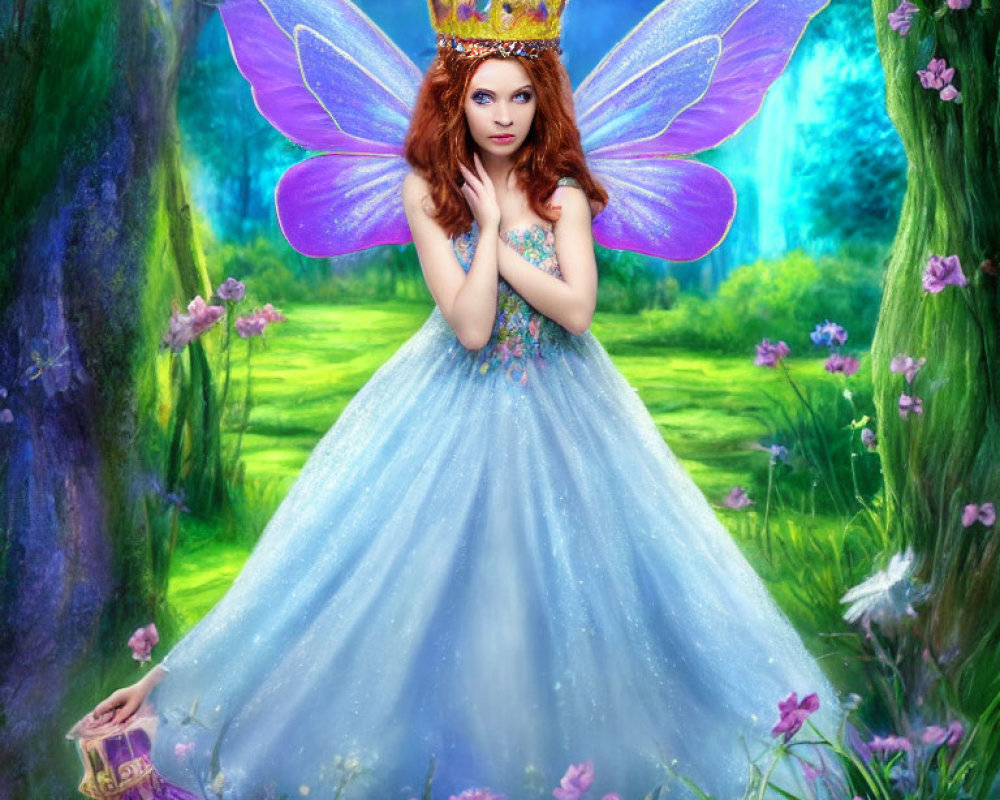 Woman in fairy queen costume with purple wings and crown in enchanted forest.