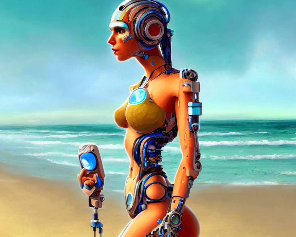 Futuristic female android with intricate mechanical details on beach holding high-tech device