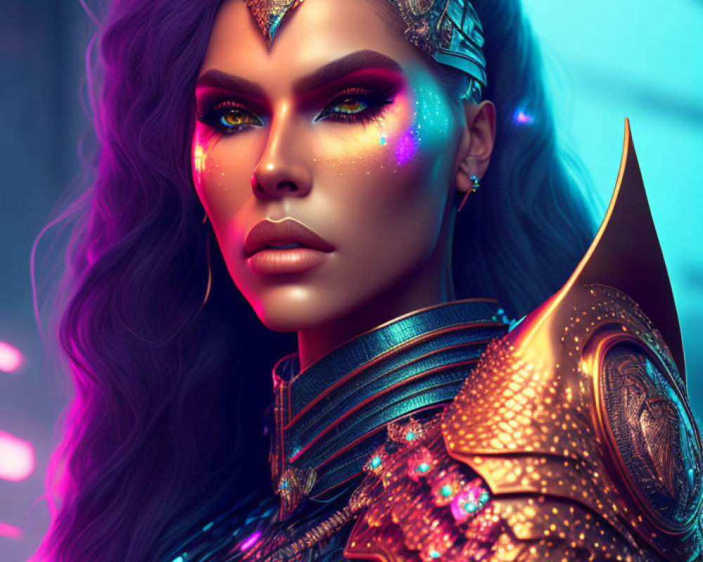 Digital artwork: Woman with purple hair, futuristic armor, and neon makeup.