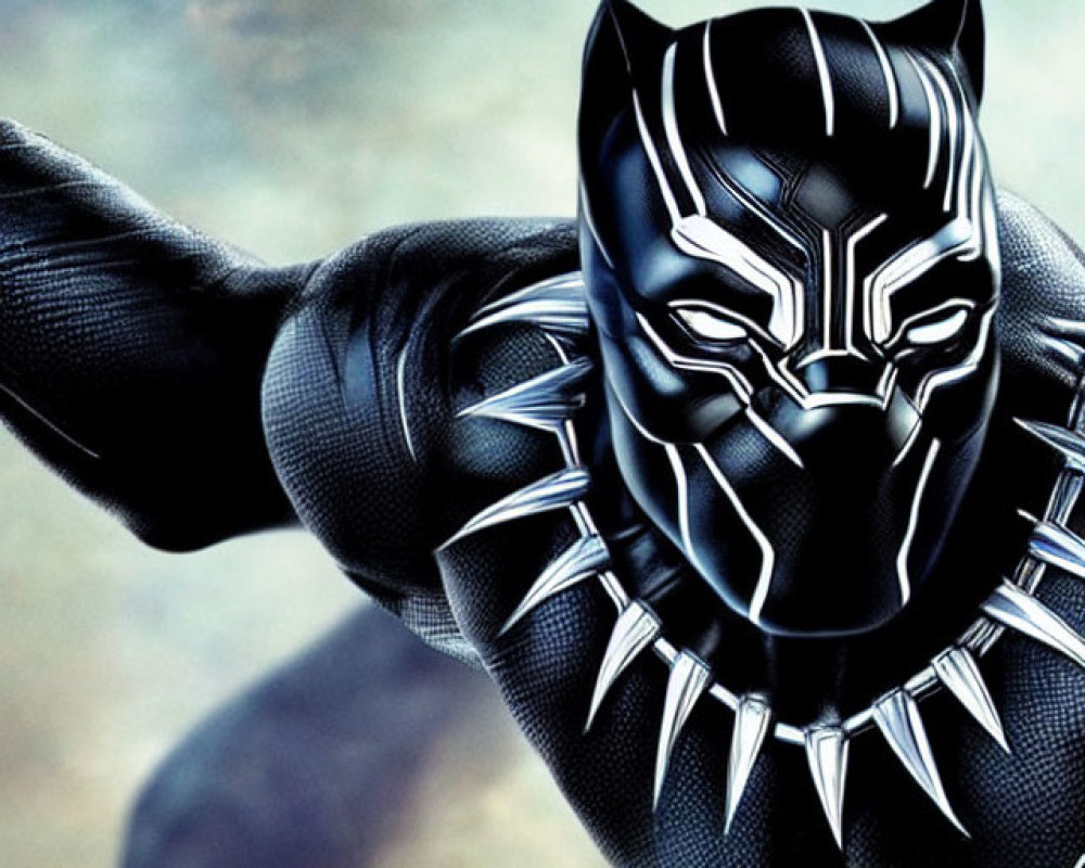 Detailed Black Panther Superhero Costume Pose Against Cloudy Sky