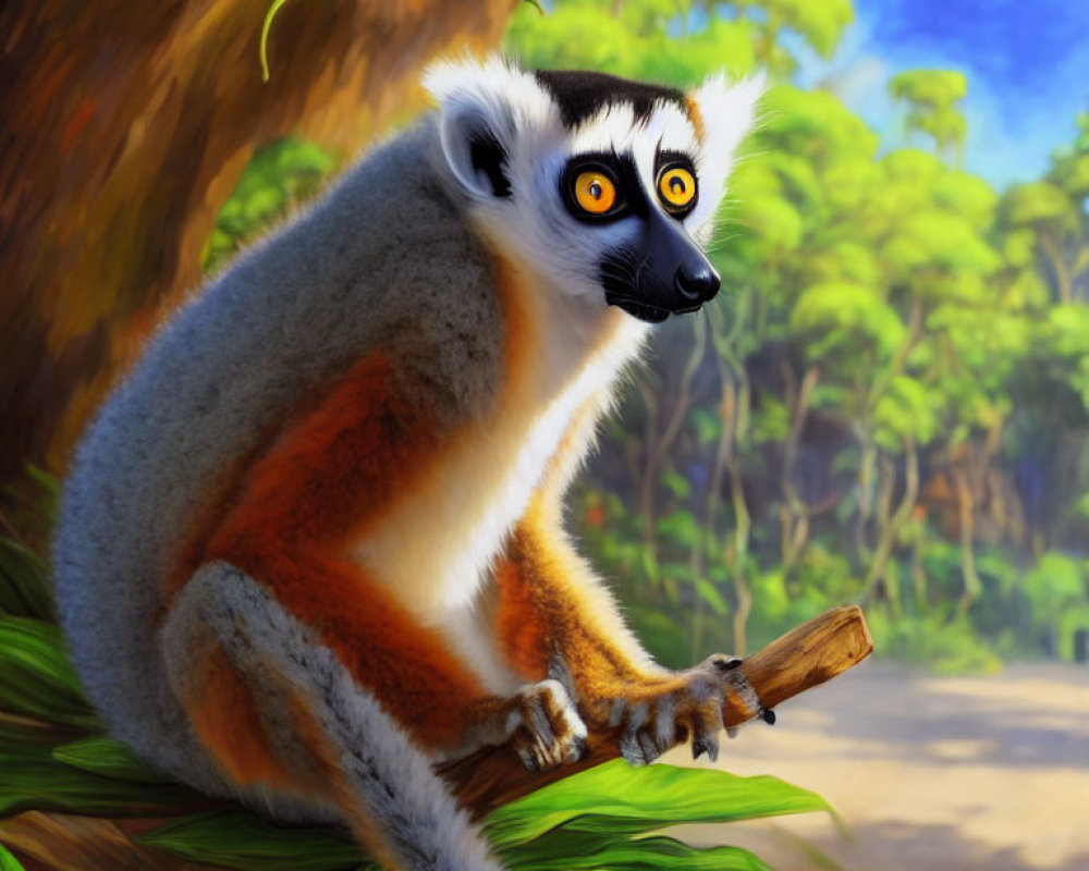 Colorful Ring-Tailed Lemur in Jungle Setting with Yellow Eyes