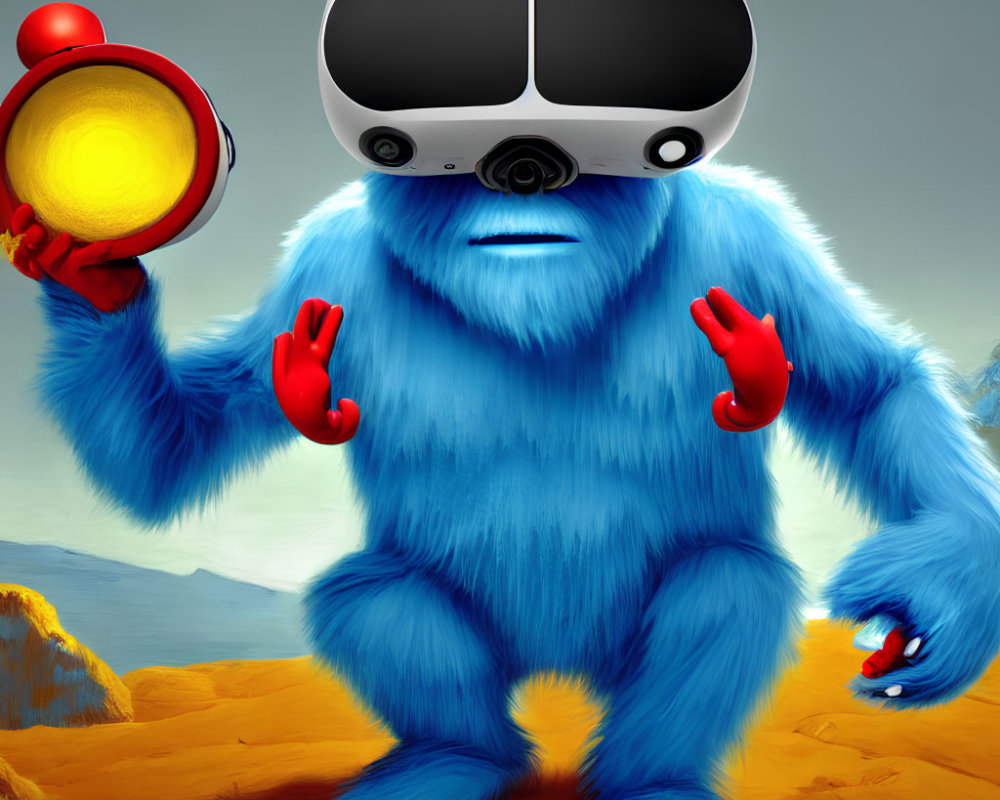 Blue furry creature with VR goggles on orange landscape holding device