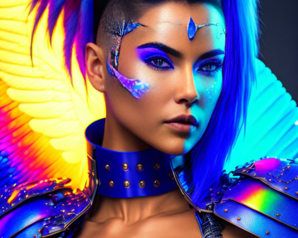 Vibrant blue and yellow feather accessories with intense blue makeup and metallic outfit