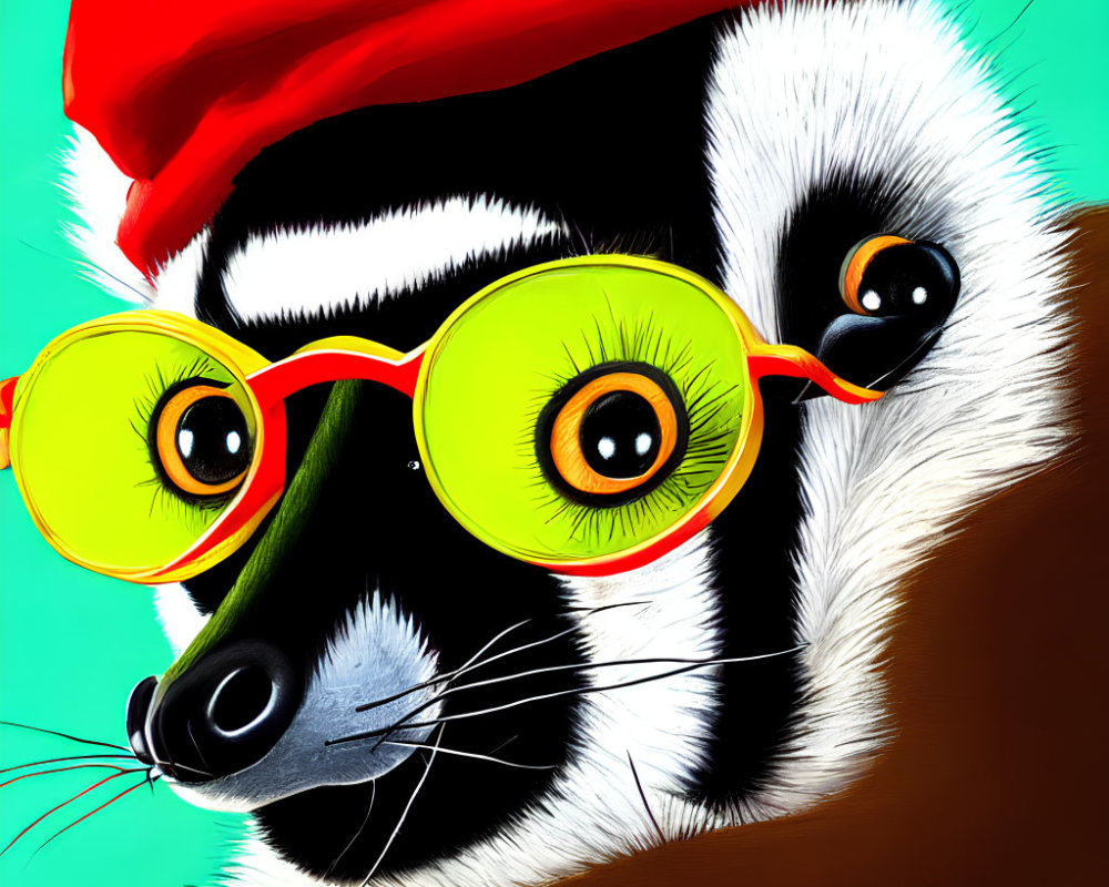 Colorful Lemur Illustration with Yellow-Green Glasses and Red Beret on Turquoise Background