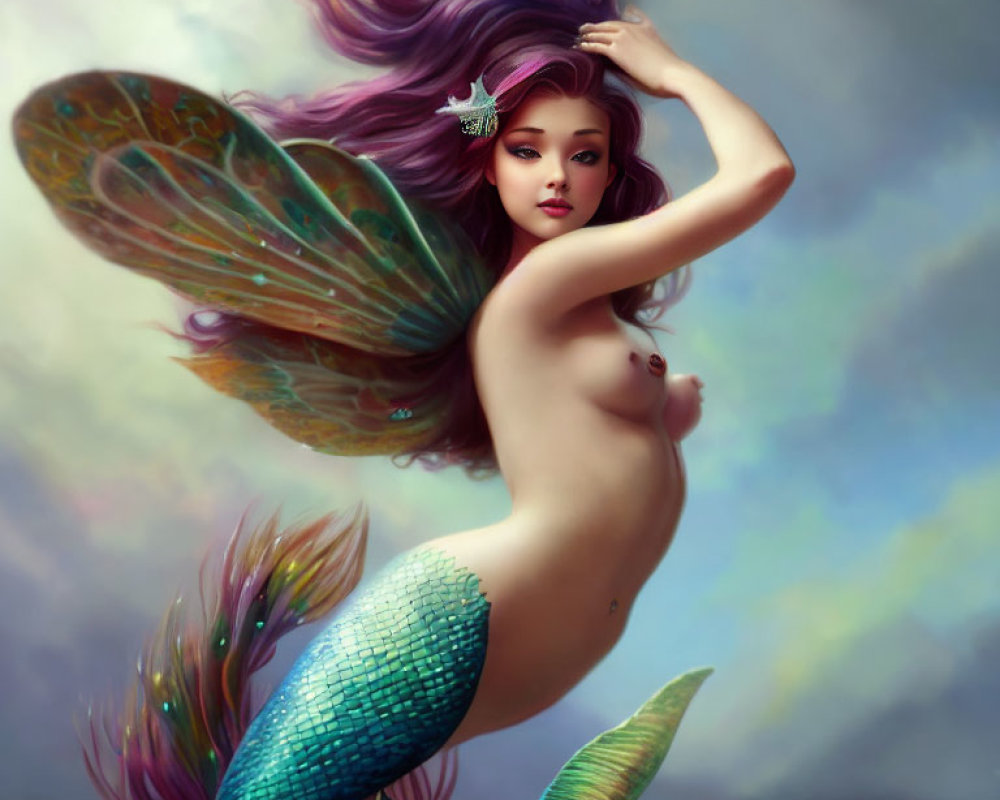 Digital artwork: Mythical creature with woman's upper body, iridescent wings, colorful mermaid