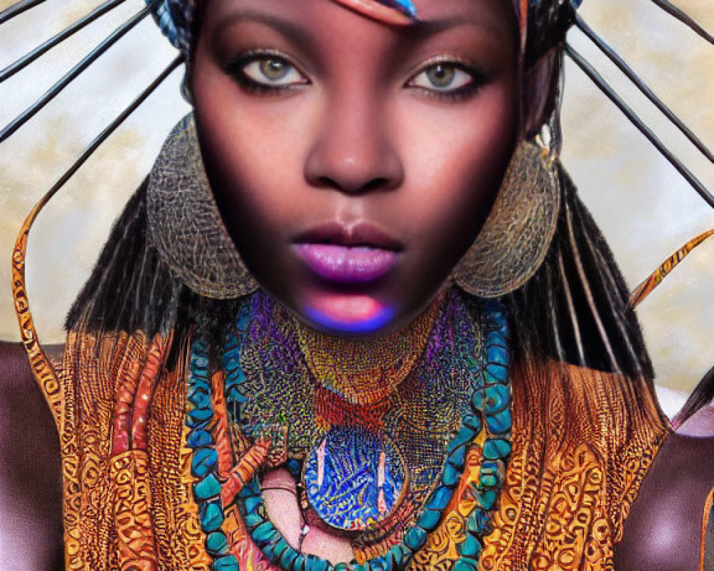 Detailed tribal jewelry and headdress on woman in vibrant digital artwork