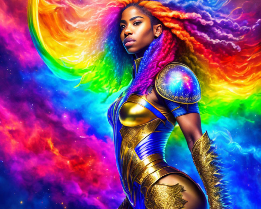 Vibrant cosmic illustration: woman in golden armor, swirling nebulas, fiery phoenix