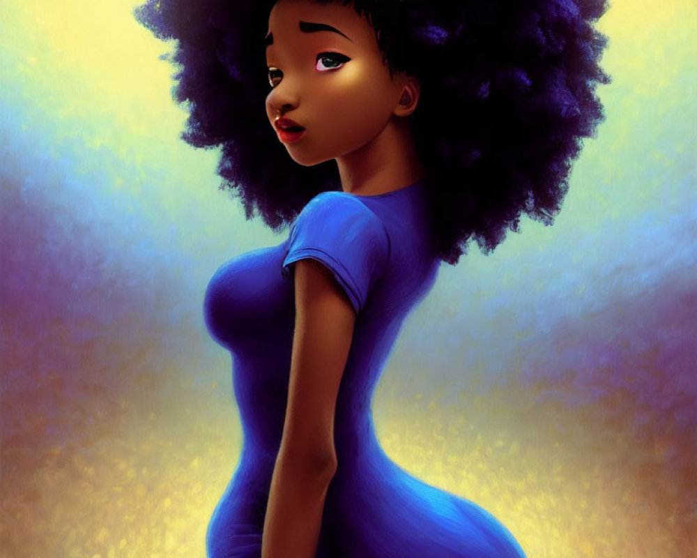 Stylized woman with curly hair in blue dress on warm background