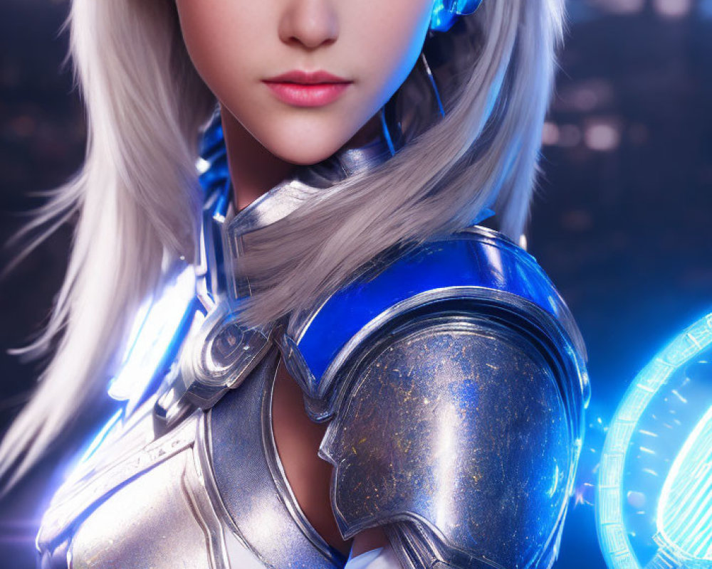 Female character with blue eyes, silver hair, futuristic armor, and headphones in blue and white.