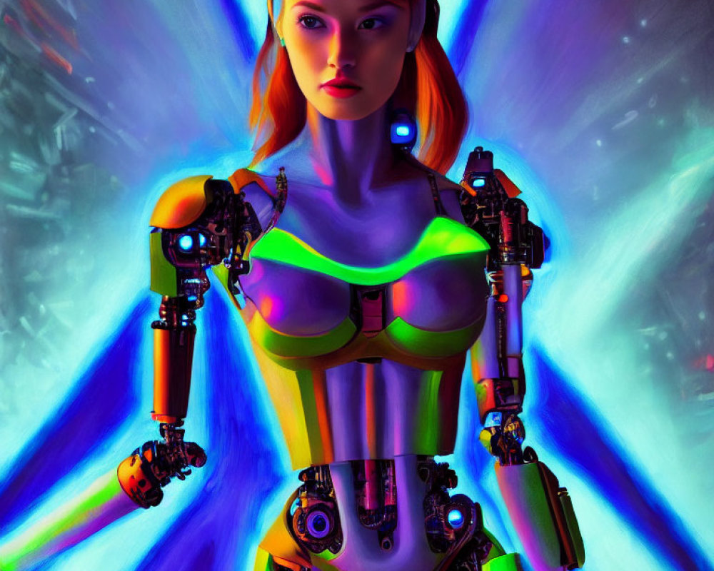 Female android digital artwork with vibrant colors and exposed mechanical arms