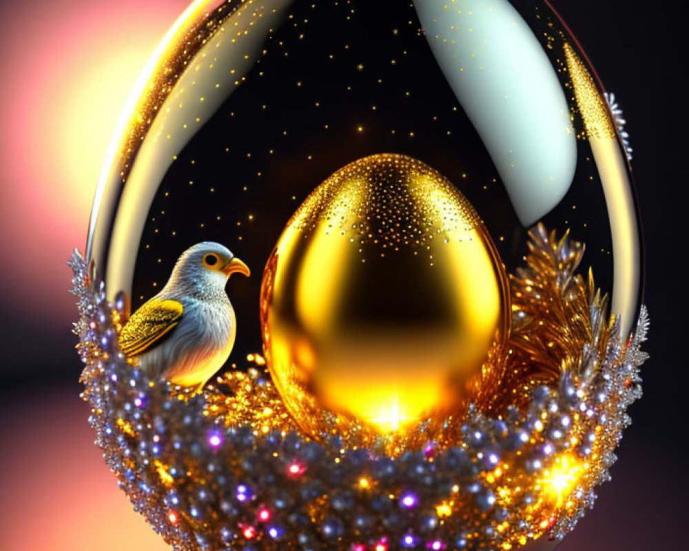 Luminous black and gold ornate egg with sparkling nest and bird on soft-focus background